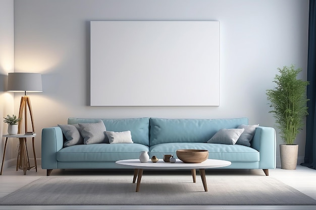 Blue modern living room with blank canvas