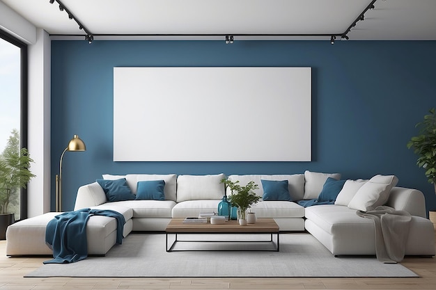 Blue modern living room with blank canvas