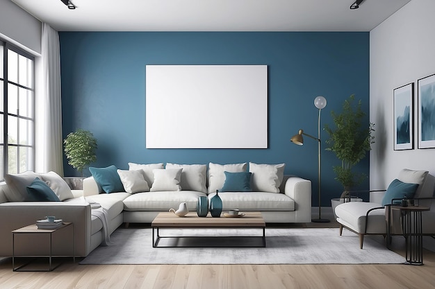 Blue modern living room with blank canvas