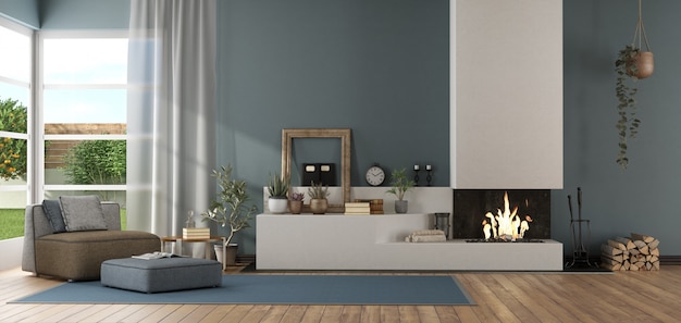 Blue modern living room with fireplace