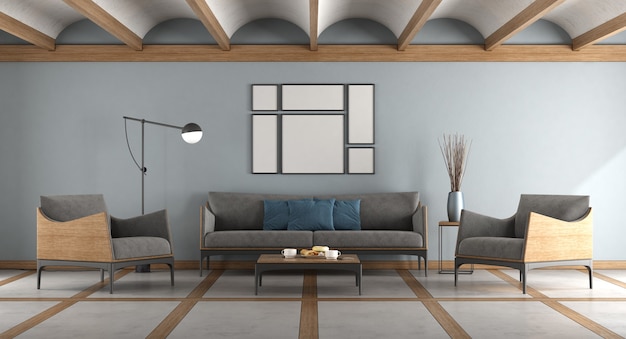 Синяя современная гостиная с диваном, креслами и цементно-деревянным полом - 3d-рендеринг