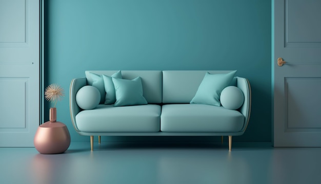 Photo a blue modern sofa seton an empty calming minimal wall background 3d illustrator