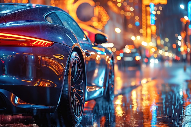 blue modern sports car at night in city with rain Taillight close up