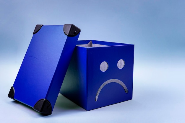 Blue Monday concept Blue box with sad face Empty head concept