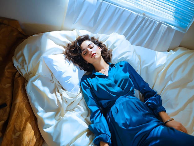 Blue Monday concept Business woman with a sad face is lying lazy on a bed illustration AI generated