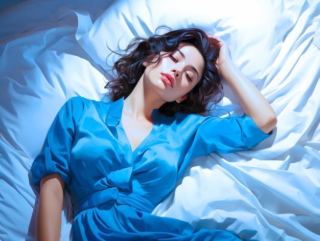 Blue Monday concept Business woman with a sad face is lying lazy on a bed illustration AI generated