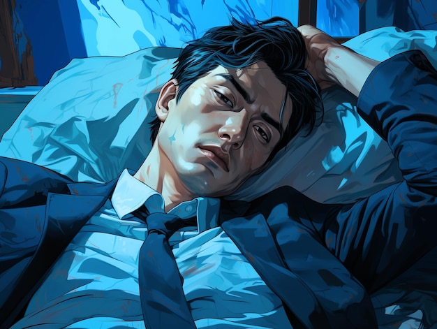 ブルー・マンデー・コンセプト 悲しい顔のビジネスマンがベッドに怠惰に横たわっている AI生成のイラスト