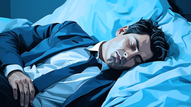 Blue Monday concept Businessman with a sad face is lying lazy on a bed illustration AI generated