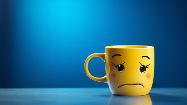 Концепция "Голубого понедельника" с желтой чашкой с подавленным лицом на синем фоне