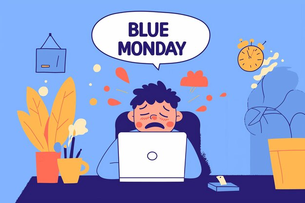 Photo blue monday concept vector illustration of a man working at his desk in the office