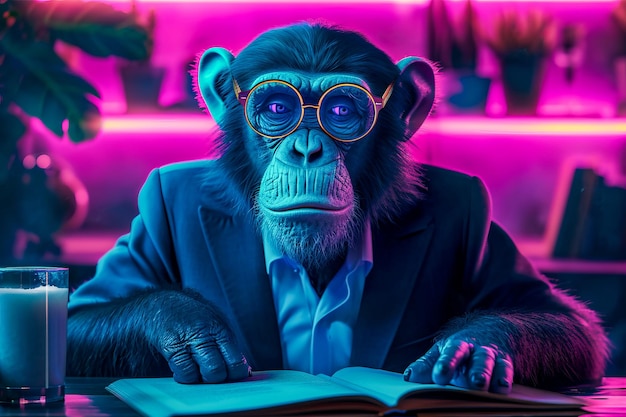 Blue monkey wearing glasses and suit jacket sitting in front of open book