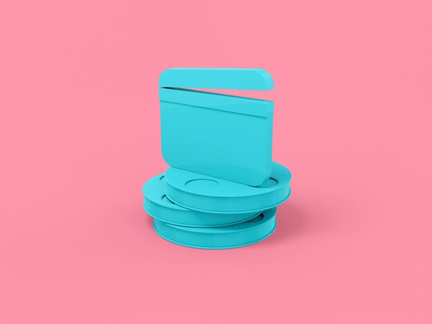 Blue mono color movie clapper on film reels on a pink solid background. Minimalistic design object. 3d rendering icon ui ux interface element.