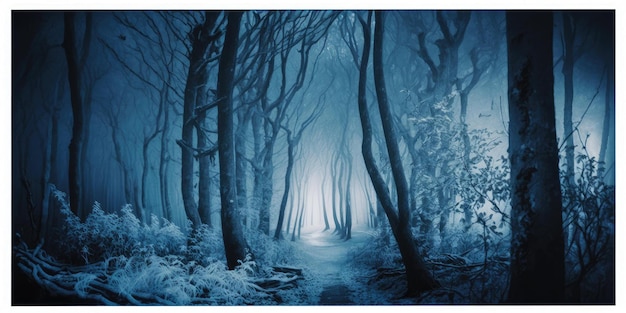 Blue monochrome color haunted path in dark forest