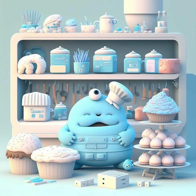 A blue monster sits in front of a shelf with cupcakes and other items.