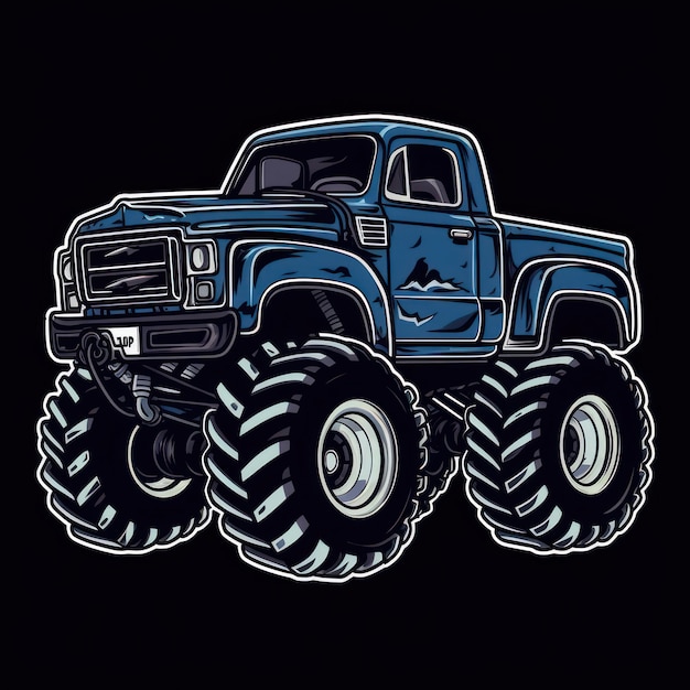 Photo blue monster truck sticker graphic with white border and black outline generative ai