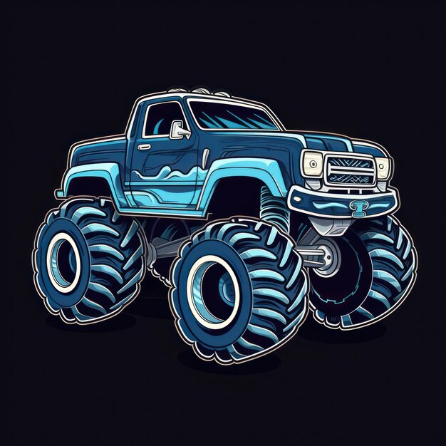 Photo blue monster truck sticker graphic with white border and black outline generative ai