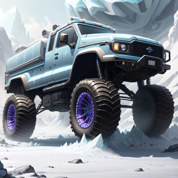 Blue monster truck with purple wheels