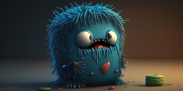 A blue monster with a big blue tail and big eyes is on a brown surface.