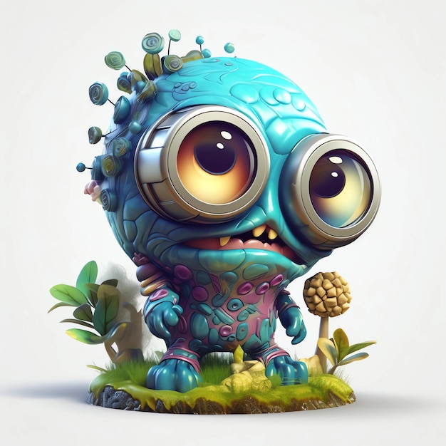 A blue monster with big eyes and a flower on its head.