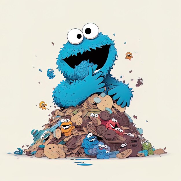 Photo a blue monster with big mouth is standing in a pile of coins