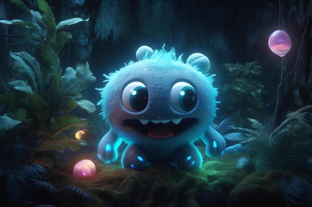 Photo a blue monster with a blue eye sits in a dark forest.