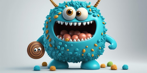 A blue monster with a brownie on its head and a small brownie on its mouth.