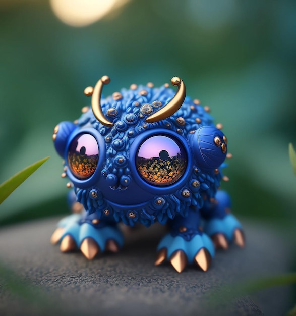 A blue monster with gold eyes and blue feet sits on a rock.