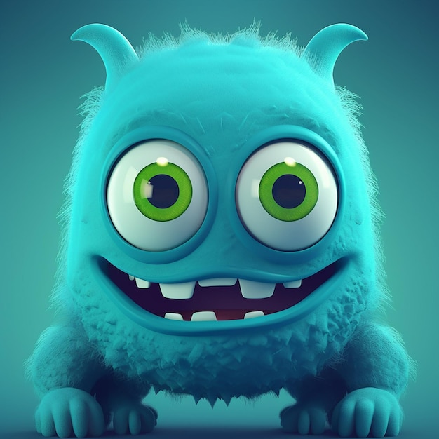 Синий монстр с зелеными глазами и белыми зубами сидит на синем фоне.