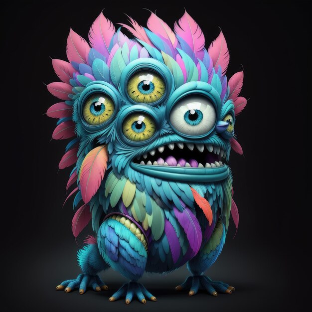 A blue monster with a green head and purple feathers on the bottom