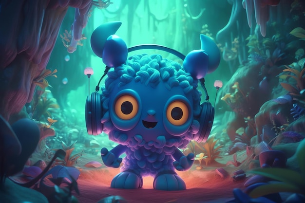 A blue monster with a headphone in his ears is standing in a forest.
