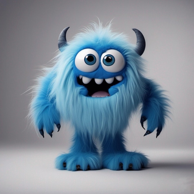 A blue monster with horns and blue eyes