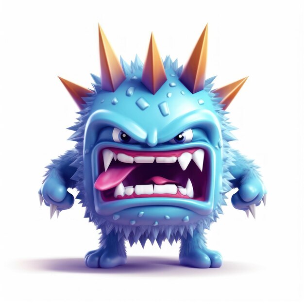 A blue monster with horns and a blue face with spikes on it.