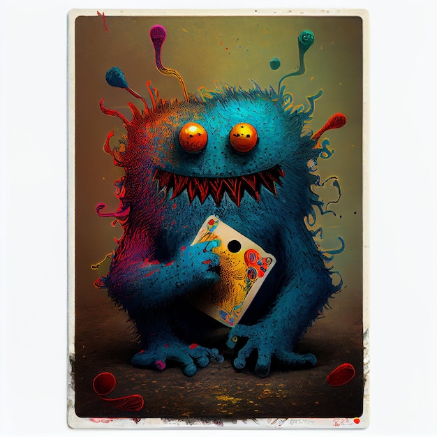 A blue monster with orange eyes holds a card in his hands.