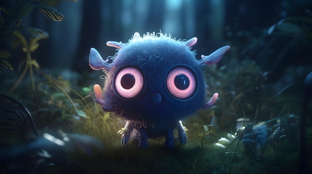 Photo a blue monster with pink eyes stands in a dark forest.