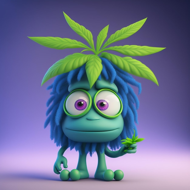 A blue monster with a plant on his head is holding a leaf.