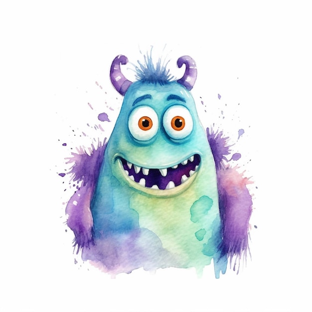 A blue monster with purple eyes and a purple nose.