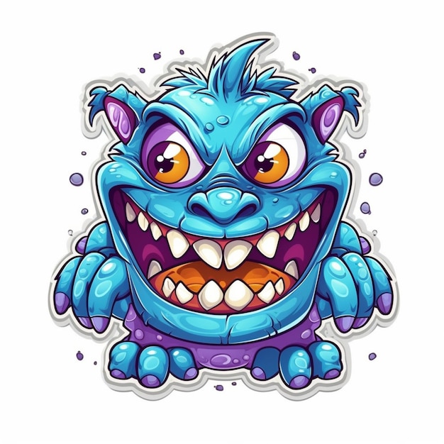 Blue monster with a purple face and big eyes.