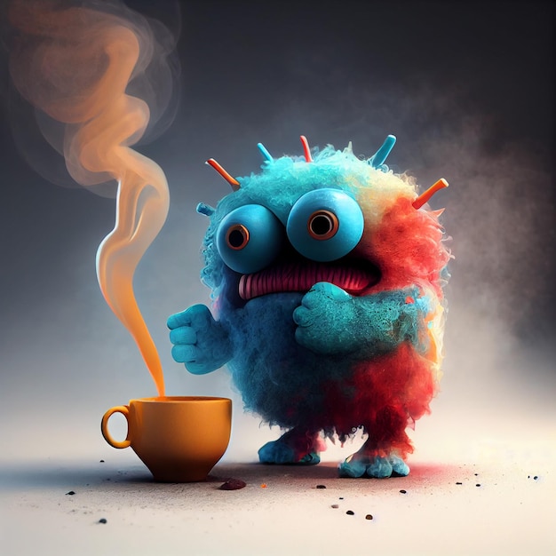 A blue monster with red and white legs is standing next to a cup of coffee.