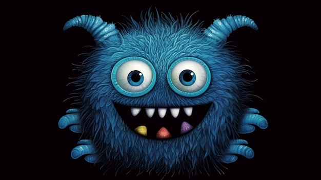 A blue monster with two eyes and a black nose is