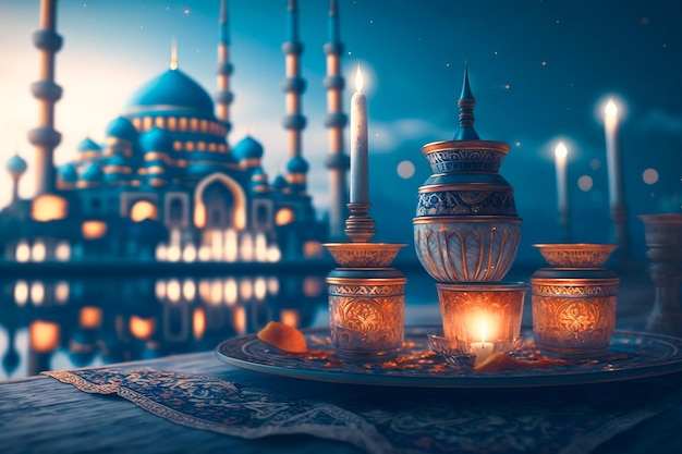 Голубая луна и подсвечник с исламским фоном голубой мечети
