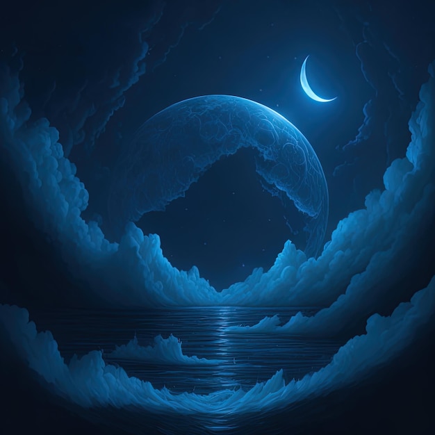 A blue moon and a crescent moon over the ocean