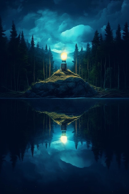 A blue moon is reflected in a lake with a lighthouse on it.