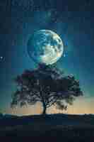 Photo blue moon over lonely tree