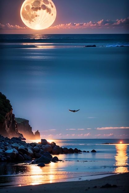 A blue moon rises over a beach with a bird flying in the sky.