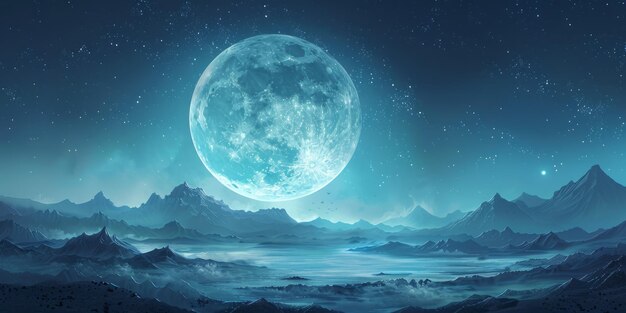 Photo blue moon rising over a mountain range