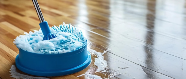 Photo blue mop and bucket on floor