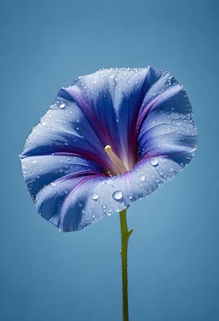 blue morning glory with water droplets on blue background