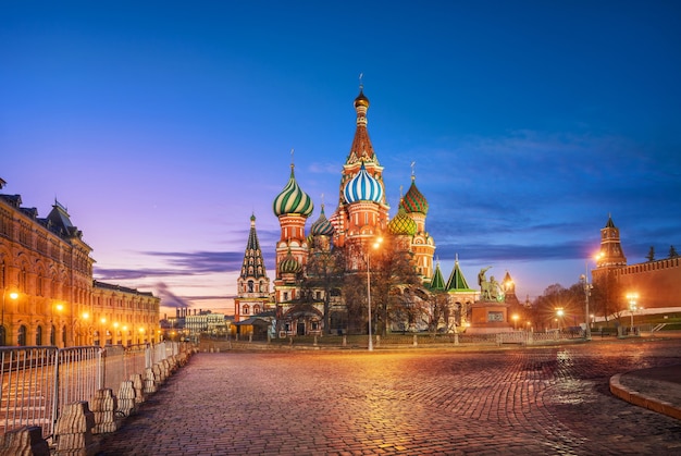 Blue morning sky over Red Square and St. Basilâs Cathedral in Moscow