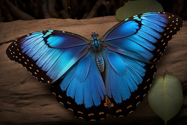 Photo a blue morpho butterfly rests on a branch.