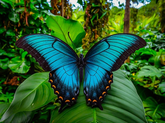 Blue Morpho Butterfly sitting on a leaf in the Rainforest